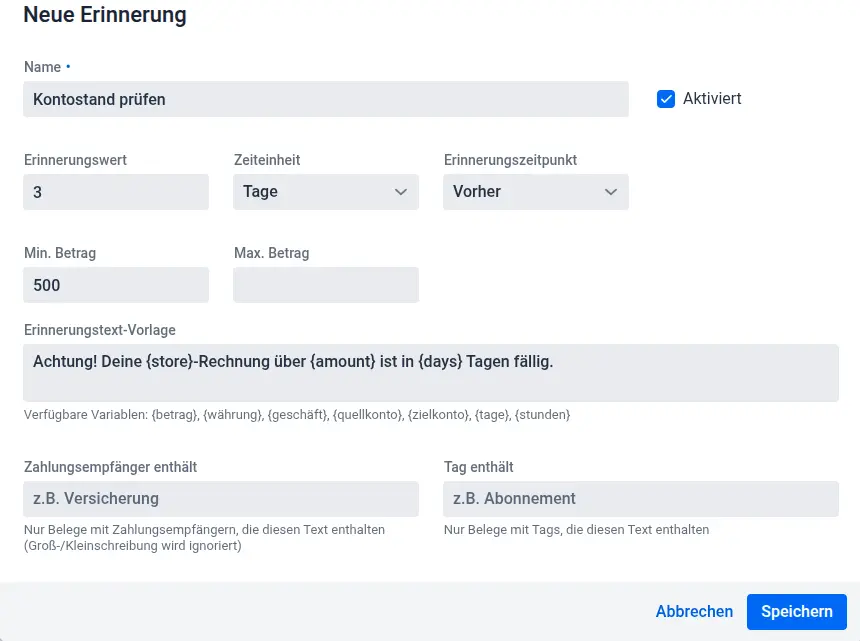 Screenshot der Erstellung einer neuen Erinnerung