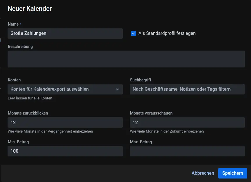 Screenshot der Erstellung eines neuen Kalenders
