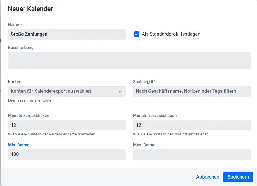 Screenshot der Erstellung eines neuen Kalenders