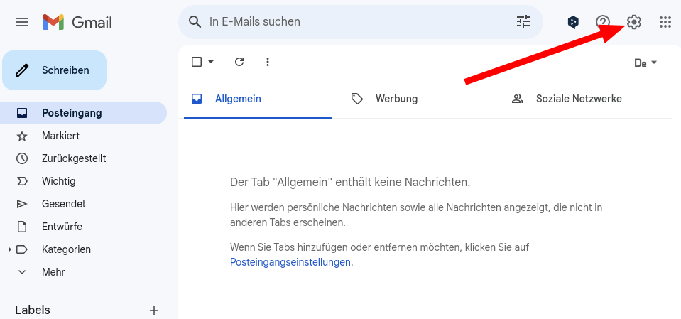 Gmail Einstellungen über Zahnrad-Symbol öffnen