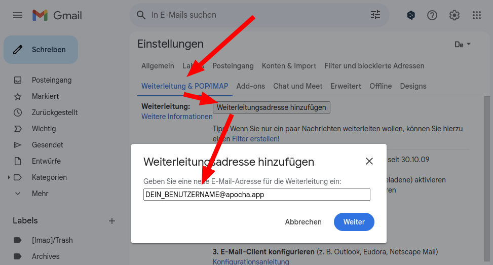 Weiterleitungsadresse in Gmail hinzufügen