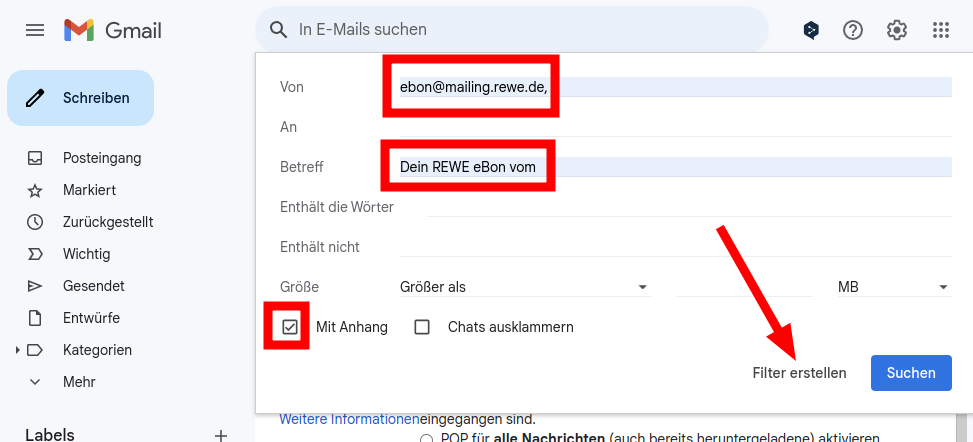 Gmail-Filter für REWE eBons einrichten