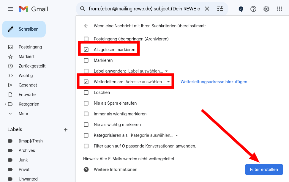 Gmail-Filteraktionen konfigurieren