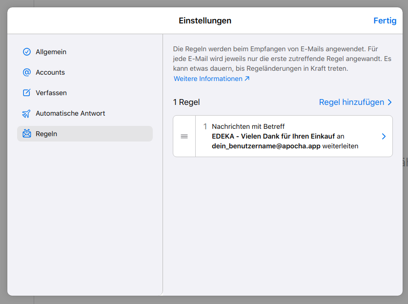 Aktivierte Weiterleitungsregel in iCloud Mail