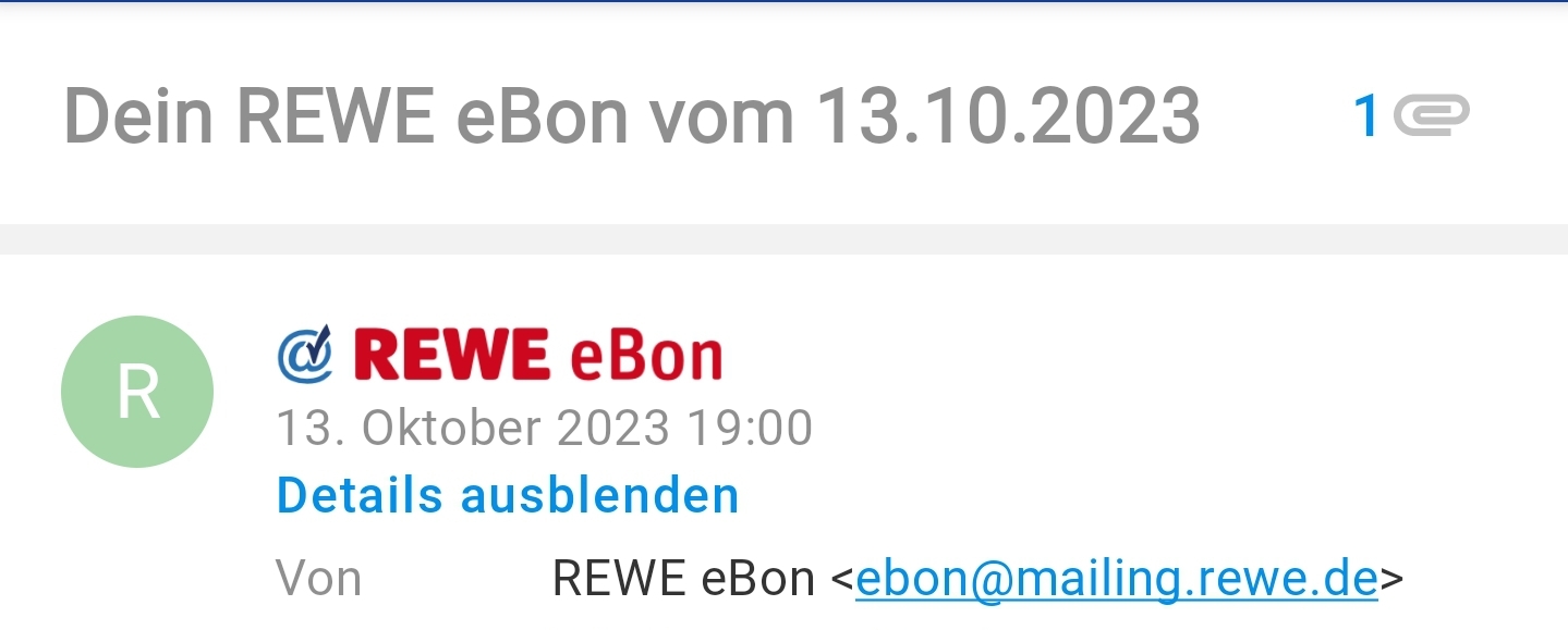 Beispiel einer REWE eBon E-Mail mit Kassenbon