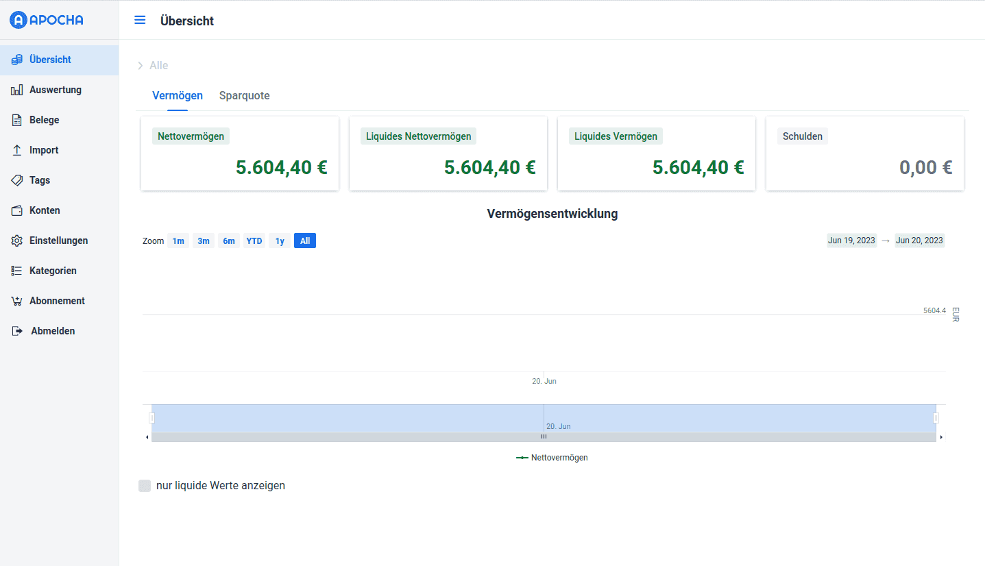 Screenshot der apocha App mit der Vermögensübersicht über die Konten