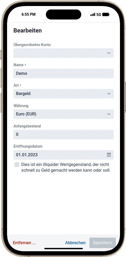 Screenshot der apocha App mit dem Demokonto im Kontoeditor