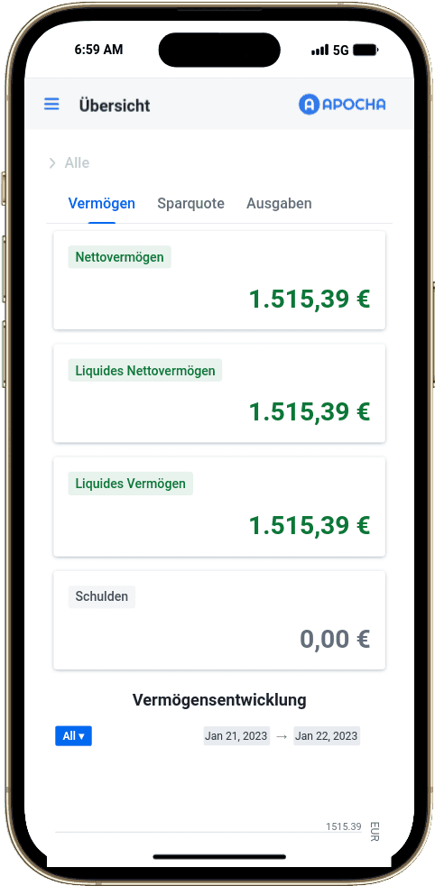 Screenshot der apocha App mit der Vermögensübersicht