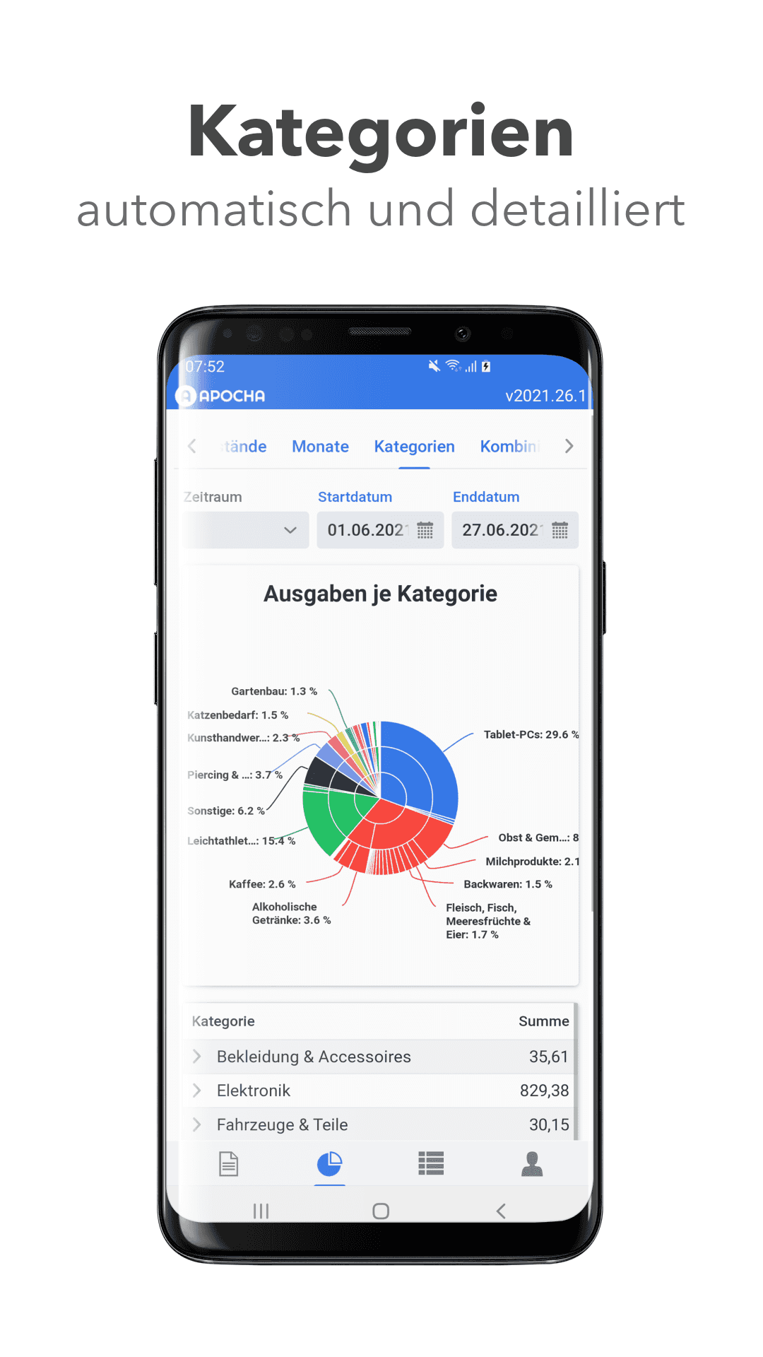 Handy mit Screenshot der apocha Haushaltsbuch App