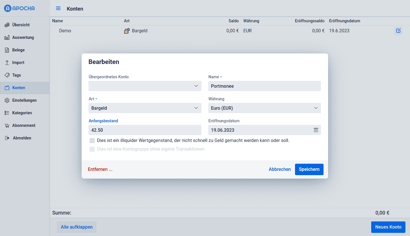 Screenshot der apocha App mit dem Bargeldkonto für das Portmonee im Kontoeditor