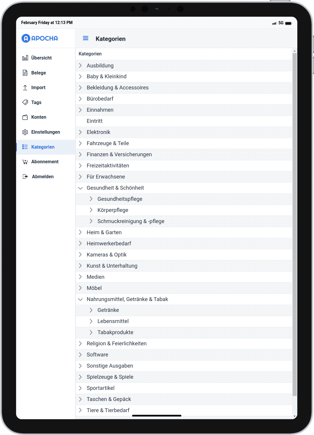 Screenshot der apocha App: Hierarchische Kategorien