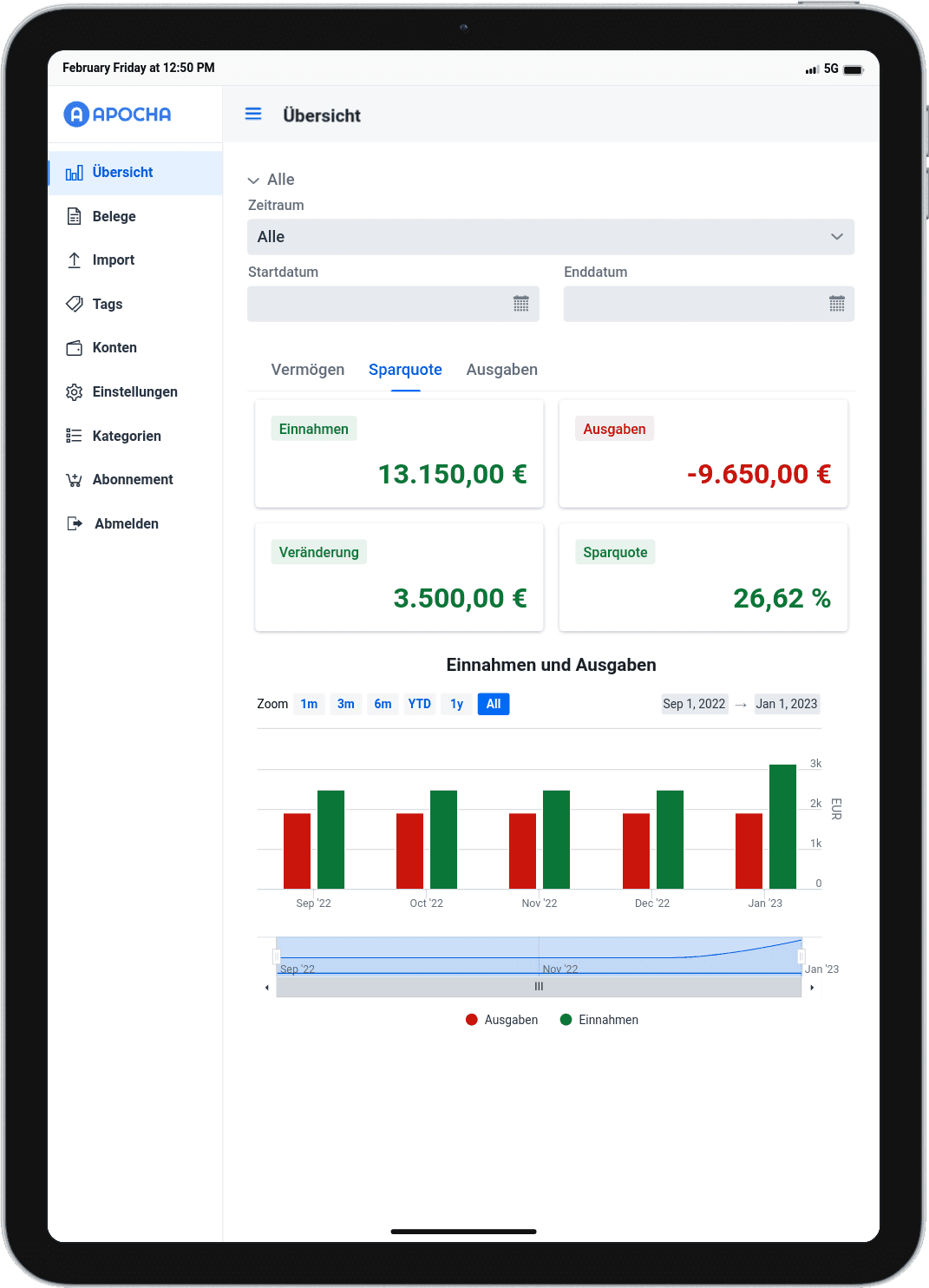 Screenshot der apocha App: Sparquote mit Einkommensentwicklung