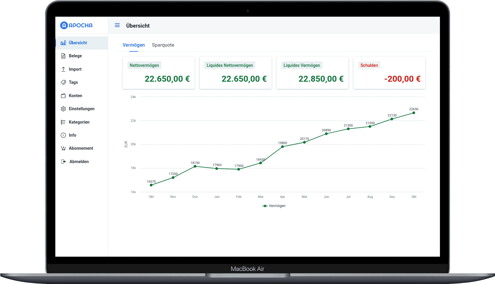 Screenshot der apocha App: Vermögensentwicklung