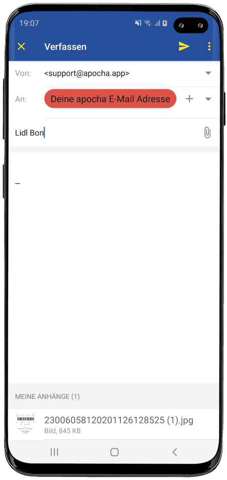 Screenshot digitalen Kassenbon in der Lidl Plus App per E-Mail teilen