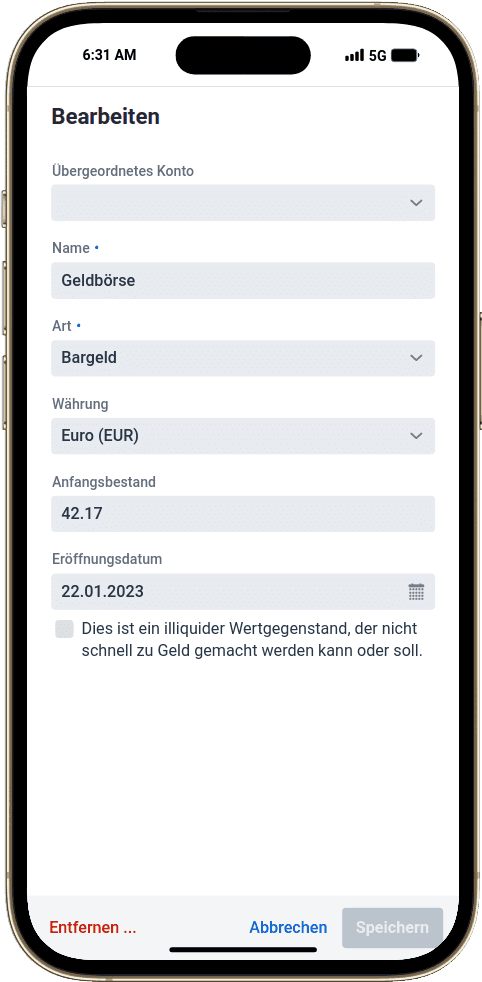 Screenshot der apocha App mit dem Konto für die Geldbörse im Kontoeditor