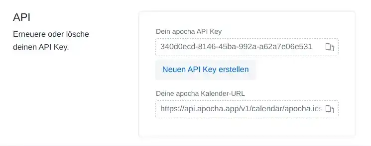 Screenshot der apocha App mit den Einstellungen für den API Key